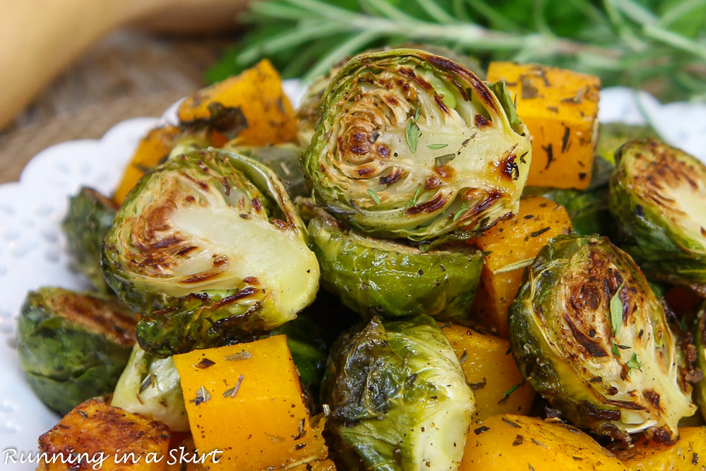 Roasted Brussels Sprouts and Butternut Squash - close up of the roasted sprouts.