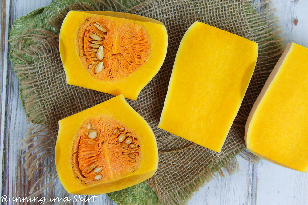 Process photos showing how to cube the butternut squash.