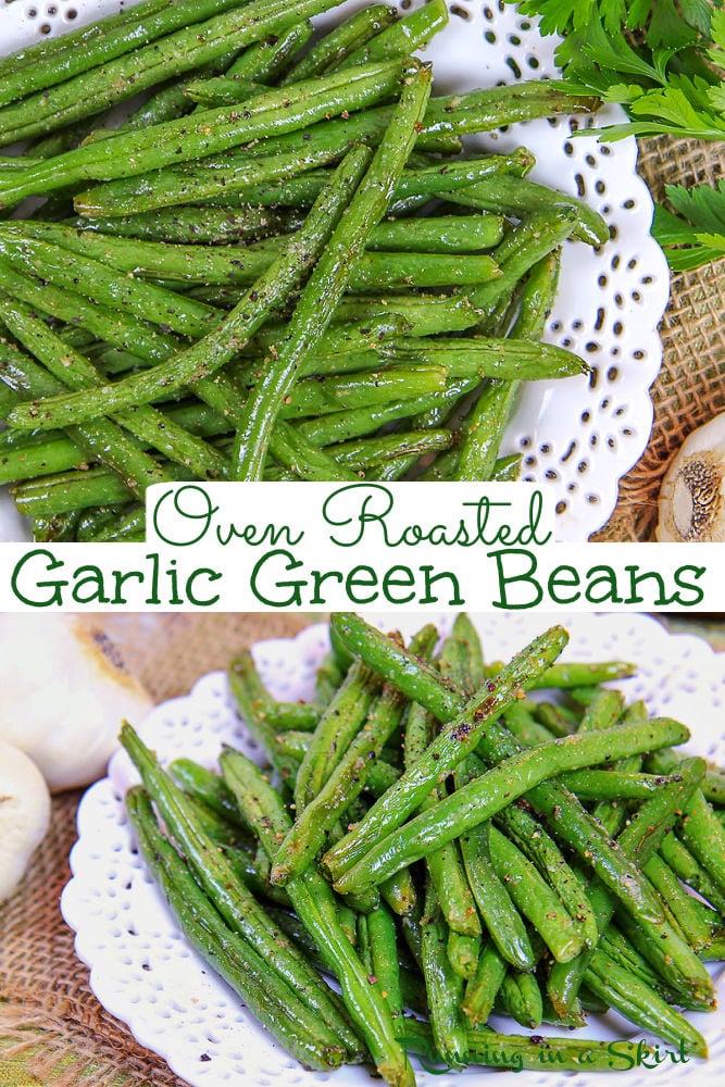 Oven Roasted Green Beans with garlic recipe - The best Garlic Green Beans made in the oven with only 3 ingredients! Super easy and healthy - using fresh green beans. Simple enough for weekday dinner side dishes but tasty enough for holidays like Thanksgiving, Christmas, or Easter. Looking for veggie dishes for dinner side dishes or healthy recipes for green beans? This is it! Clean Eating Paleo, Keto, Low Carb, Whole 30, Gluten Free, Vegetarian & Vegan / Running in a Skirt #vegan #thanksgiving via @juliewunder