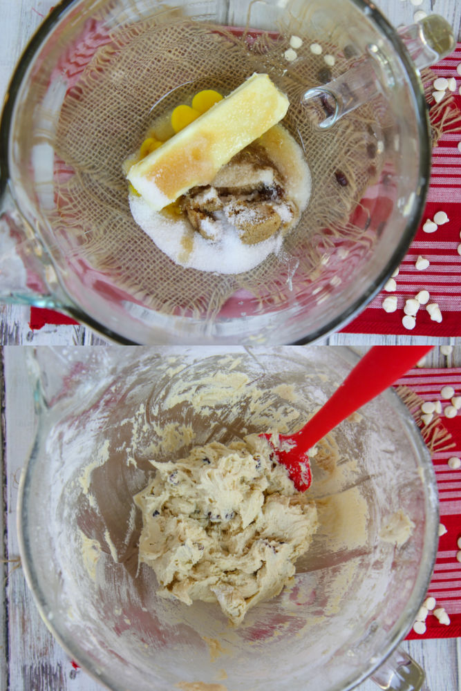 Process photos collage showing how to mix the cookies.