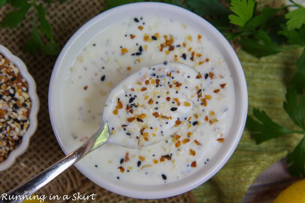 Everything Bagel Dressing in a bowl showing how to mix it up to make it.