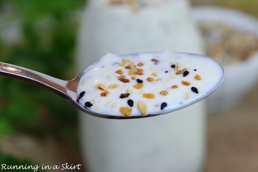 Everything Bagel Ranch Dressing on a spoon.