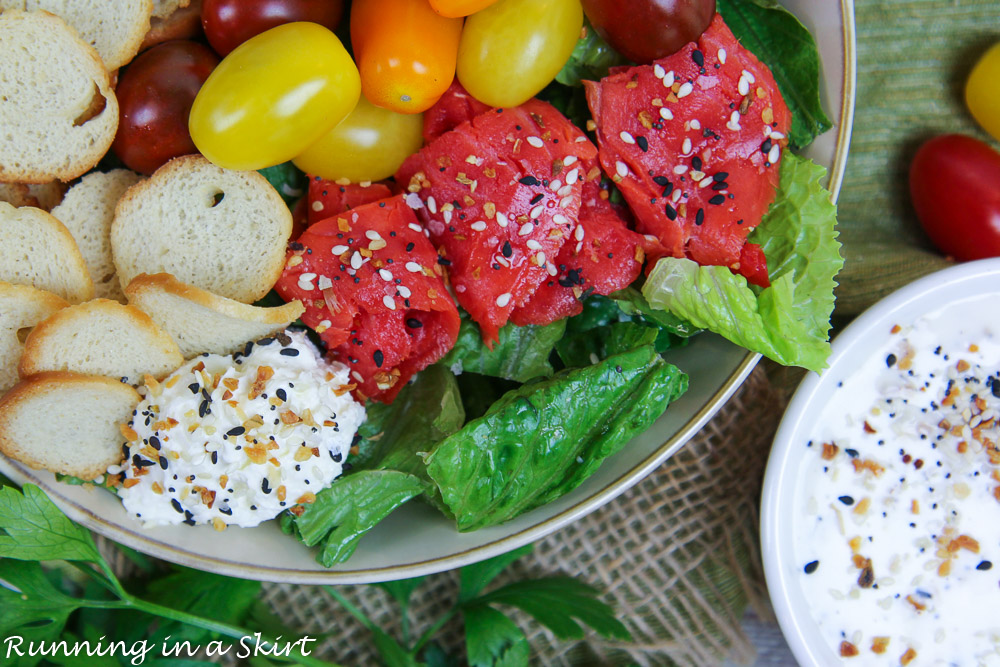 Close up of Everything Bagel Salad salmon and cream cheese.