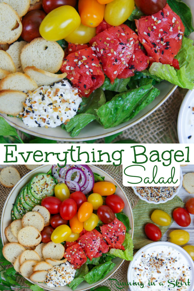 Everything Bagel Salad Recipe with Everything But the Bagel Seasoning and Healthy Everything Bagel Ranch. This unique pescatarian salad with smoked salmon recipe also has bagel chips, cucumber, cream cheese, red onion and tomato... all flavors from an everything bagel brunch including the popular Trader Joe's Everything But the Bagel Seasoning Mix. Looking for healthy salad recipes? This is it! / Running in a Skirt #pescatarian #everythingbagel #everythingbutthebagel #traderjoes #salad via @juliewunder