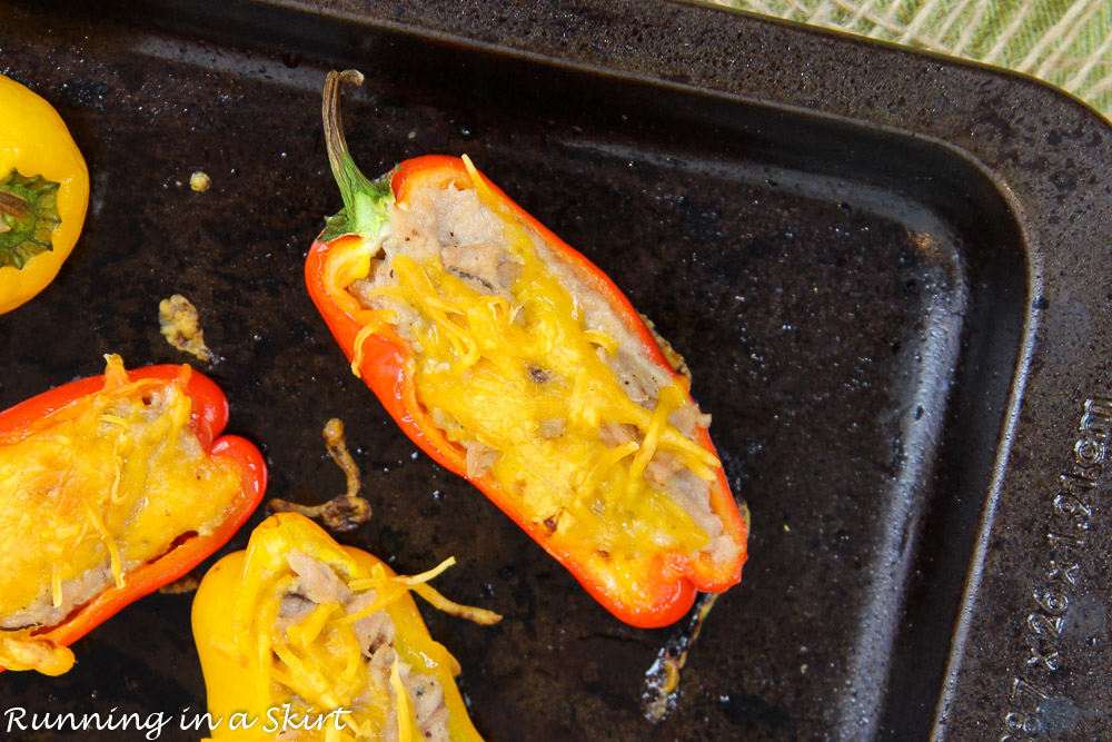 Process photos showing how to bake the Tuna Melt Stuffed Mini Bell Peppers.