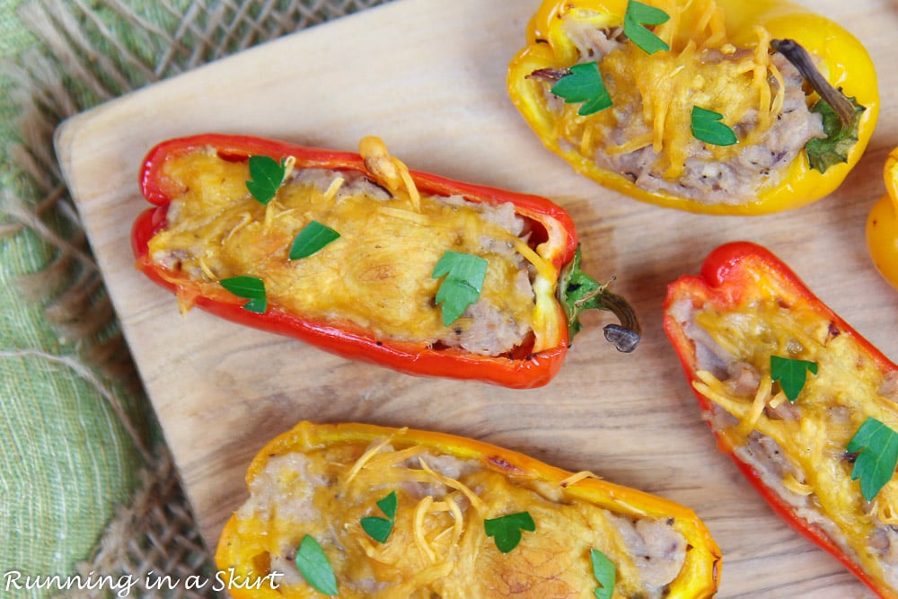 Overhead shot of Tuna Stuffed Peppers on a cutting board.