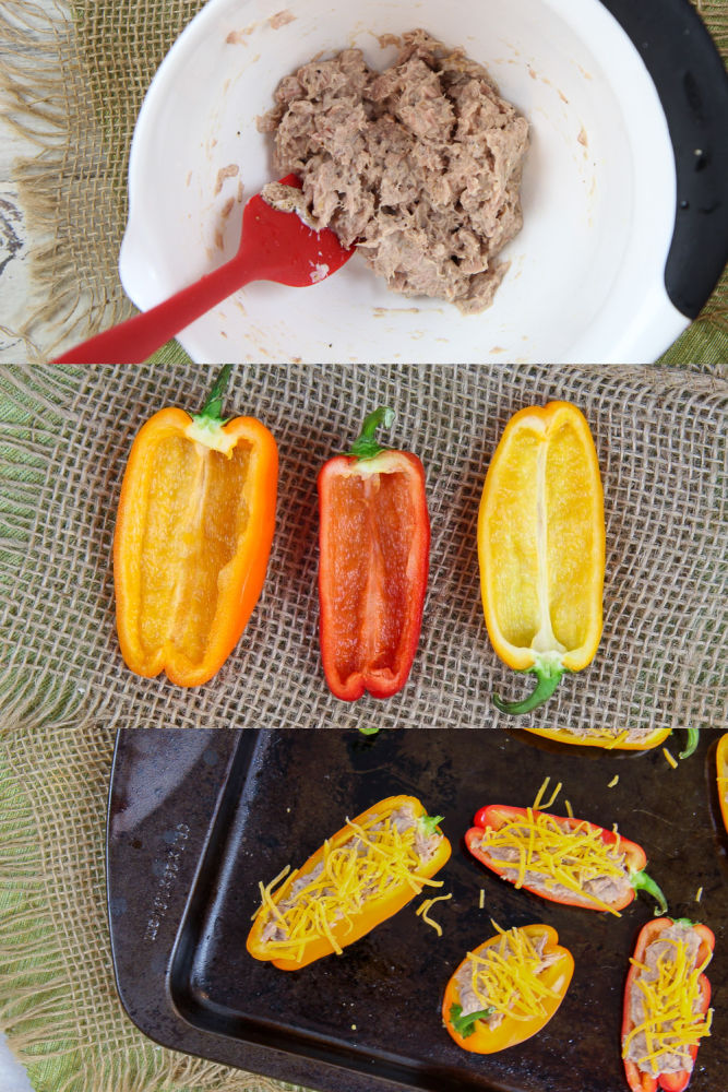 Process photos collage showing how to prep and stuff the peppers.