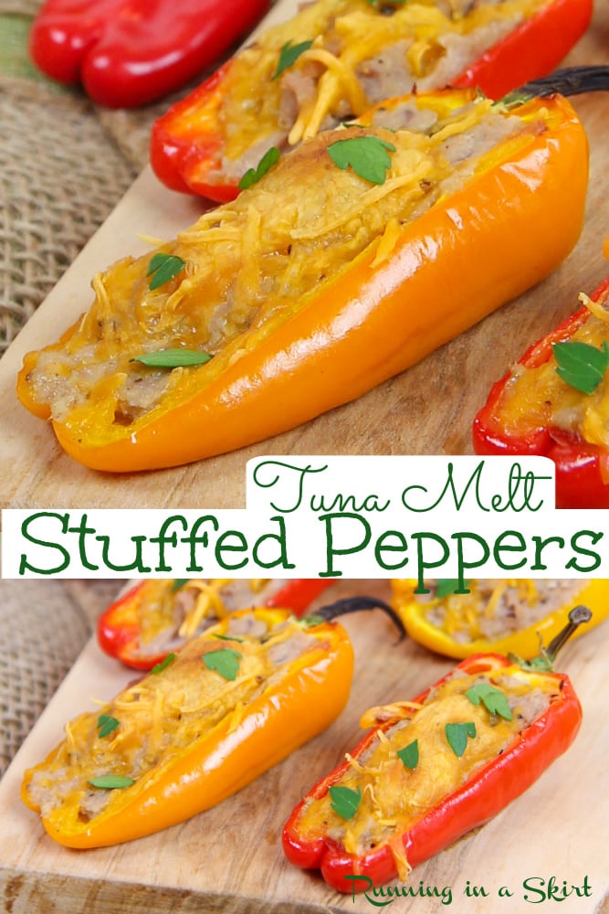 Tuna Melt Stuffed Peppers Recipe – The best Tuna Melt Mini Peppers filled with mini sweet peppers, tuna salad and topped with cheese. Healthy, Low Carb, Low Calorie, Gluten Free, Pescatarian, Keto and DELICIOUS! Serve as lunch, dinner, snack or for appetizers. No mayo! These Tuna Stuffed Peppers are filling, tasty and a great healthy snack idea. / Running in a Skirt #pescatarian #keto #lowcarb #lowcal #glutenfree via @juliewunder