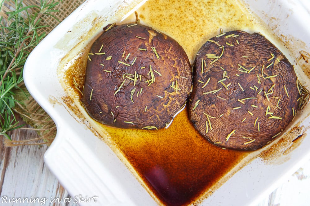 Process photos showing the portobello mushrooms in a baking dish.