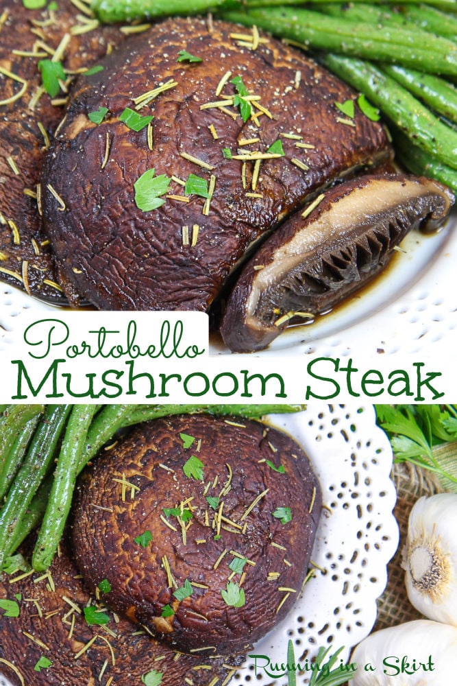 Portobello Mushroom Steak Recipe - Grilled or Oven Roasted. The best vegan mushroom steak for vegetarians and non-vegetarians. Perfect vegan main course for holiday meals like Christmas or Thanksgiving OR summer cookouts. Includes the best marinade with balsamic and garlic. Looking for the best portobello mushroom recipes? This is it! Vegan, Vegetarian, Dairy Free, Gluten Free, Low Carb and Keto / Running in a Skirt #vegan #vegetarian #portobellomushroom #vegansteak via @juliewunder