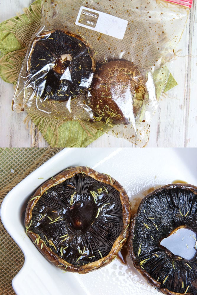 Process photos collage showing how to marinade and bake the portobello mushrooms.