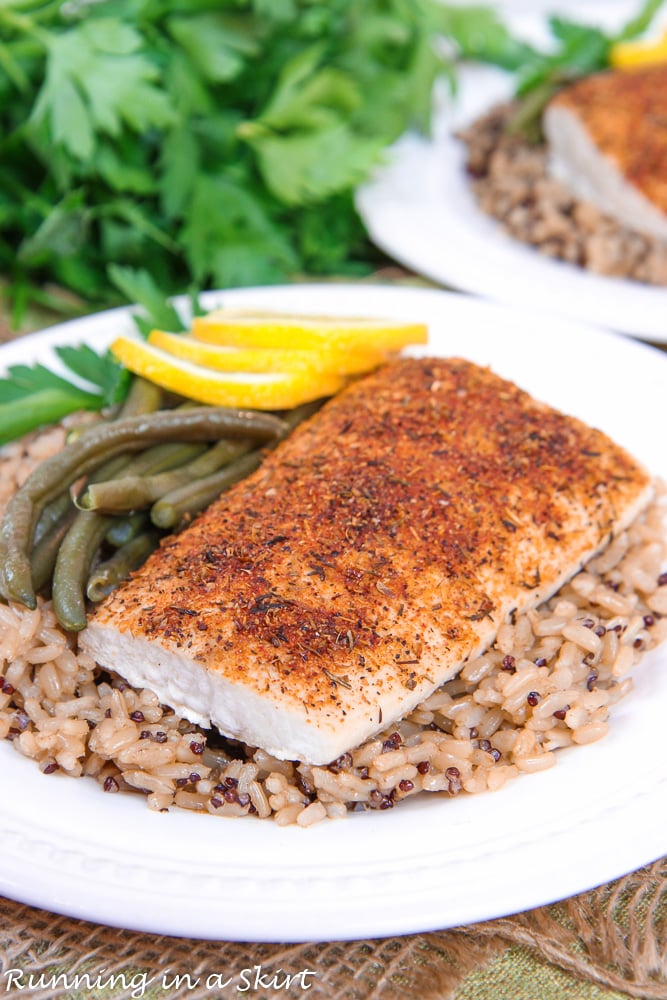 Blackened Mahi Mahi recipe on a white plate.