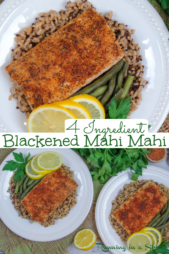 Blackened Mahi Mahi Recipe- Oven Baked & Healthy. Only 4 Ingredients! The perfect Healthy Mahi Mahi Recipe baked with homemade blackening seasoning, lemon and olive oil. Simple, easy, and clean eating dinner. Perfect for pescatarian dinner ideas. Turns out light and flaky! Gluten Free, Keto, Low Carb/ Running in a Skirt #mahimahi #fishrecipes #healthy #pescatarian #healthyrecipes via @juliewunder