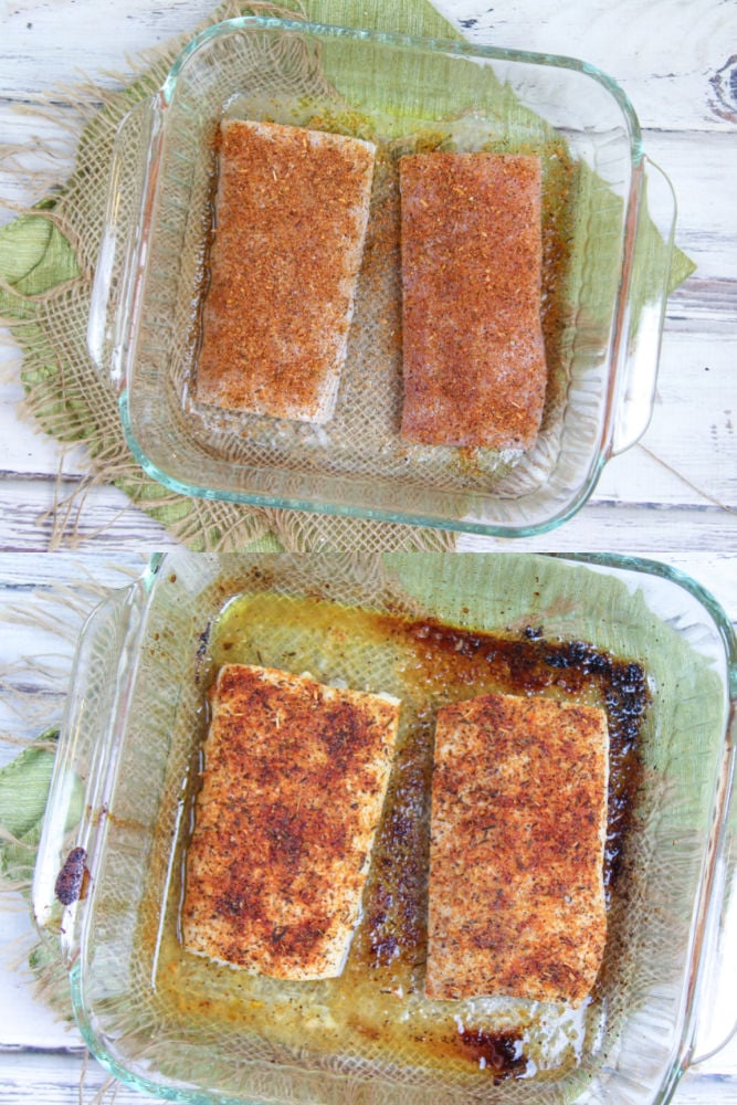 Process photos collage showing before and after how to bake the mahi mahi in the oven.