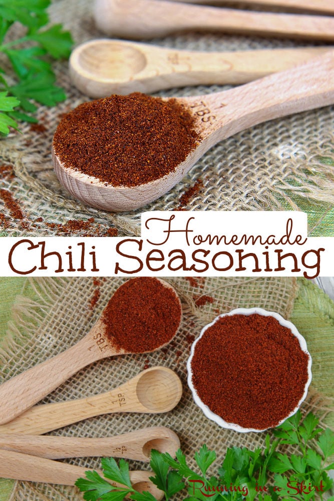 Homemade Chili Seasoning recipe - Easy to make DIY Chili Spice Mix with chili powder and other spices. Use it to make meat or vegetarian chili. Simple - make it in bulk or for one pot. Uses pantry staples for an easy homemade spice blend. Gluten Free, Keto, Vegan, Dairy Free, Clean Eating / Running in a Skirt #chili #homemadespicemix #spices #diyspices via @juliewunder