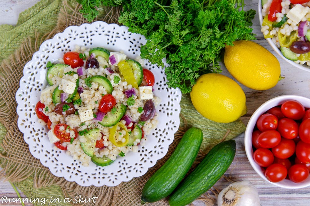 Overhead shot of the Greek Couscous Salad and the ingredients.