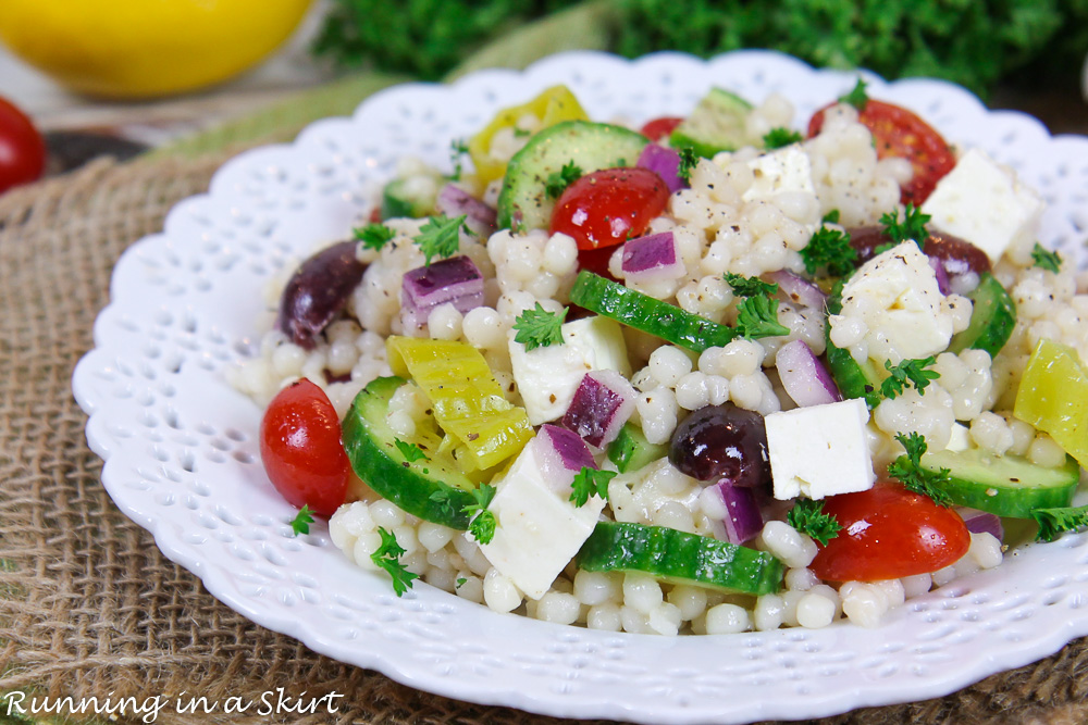 Greek Couscous Salad on a white plate.
