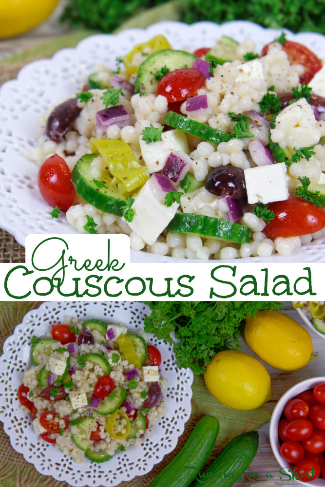 Greek Couscous Salad Recipe with feta! Includes meal prep option. An easy, healthy, vegetarian couscous salad with pearl or Israeli cous cous greek dressing and vegetables like tomato, cucumber, and optional olives. Serve cold for summer! Tastes of Mediterranean and Italian. / Running in a Skirt #vegetarian #healthy #couscous #greek #salad #healthyrecipes #mealprep via @juliewunder