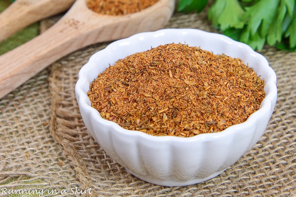 Homemade Blackening Seasoning in a small white bowl.