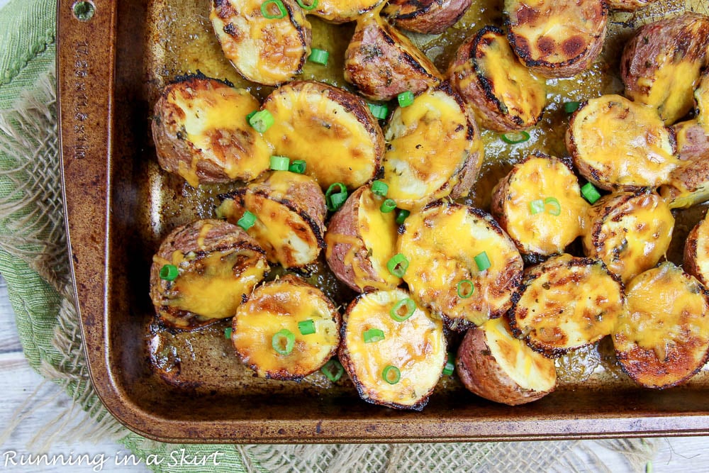 Cooked ranch potatoes on a baking sheet.