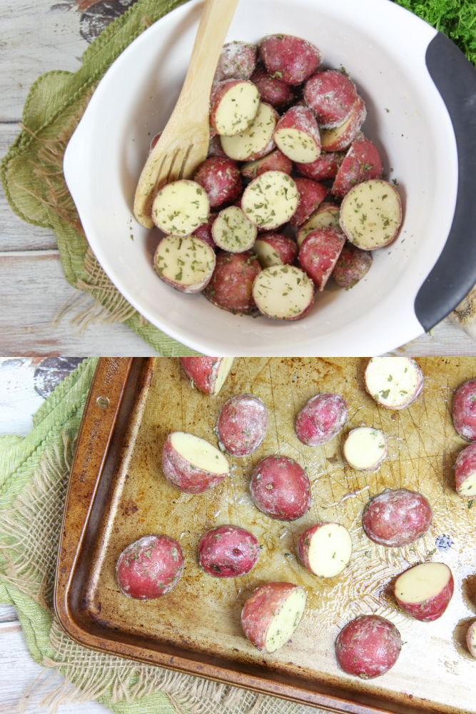 Process photos showing how to mix and roast the ranch potatoes.