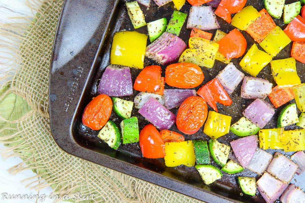 Vegetables on a sheet pan after they come out of the oven.