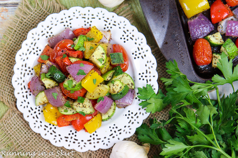 Mediterranean Roast Vegetables overhead shot with a sheet pan.