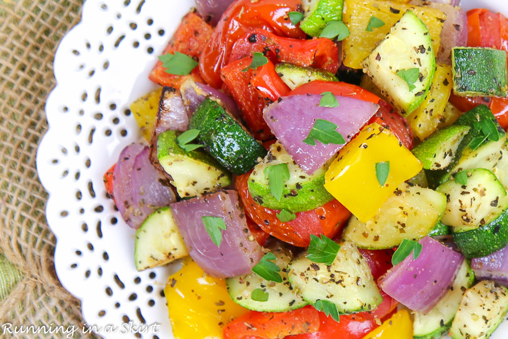 Overhead close up of the Mediterranean Roast Vegetables.