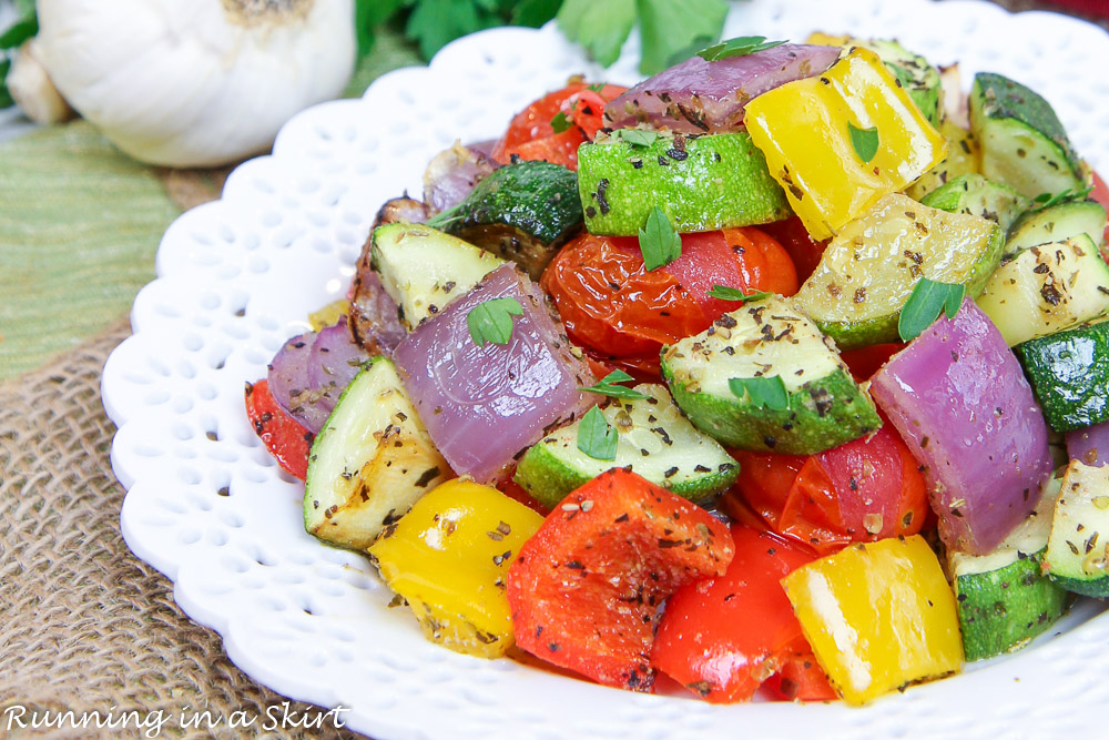 Mediterranean Roast Vegetables close up of vegetables on plate.