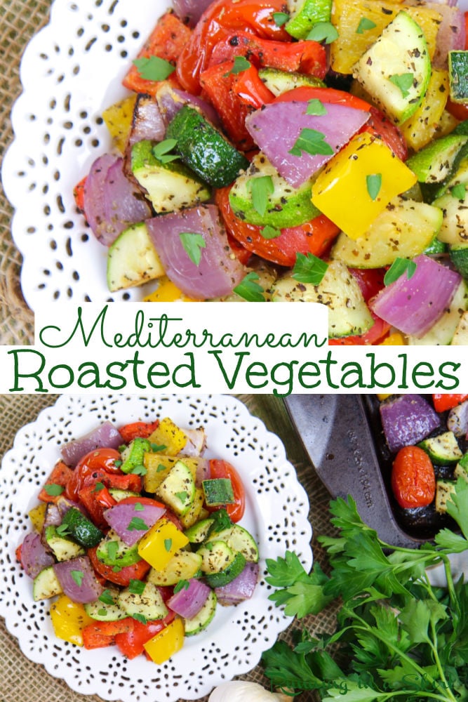 Mediterranean Roasted Vegetables in oven or in air fryer. These Oven Roasted Veggies include zucchini, tomato, pepper, and onion with olive oil and with spices. Perfect Mediterranean diet roasted vegetables or side dish recipe for the Mediterranean diet. Use as a side dish or a topping for pasta. Vegan, Vegetarian, Gluten Free, Keto, Clean Eating, Low Carb / Running in a Skirt #mediterraneandiet #sidedish #roastedvegetables via @juliewunder