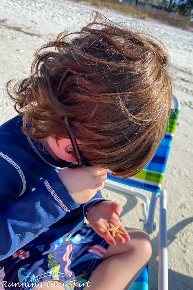 Toddler holding starfish.