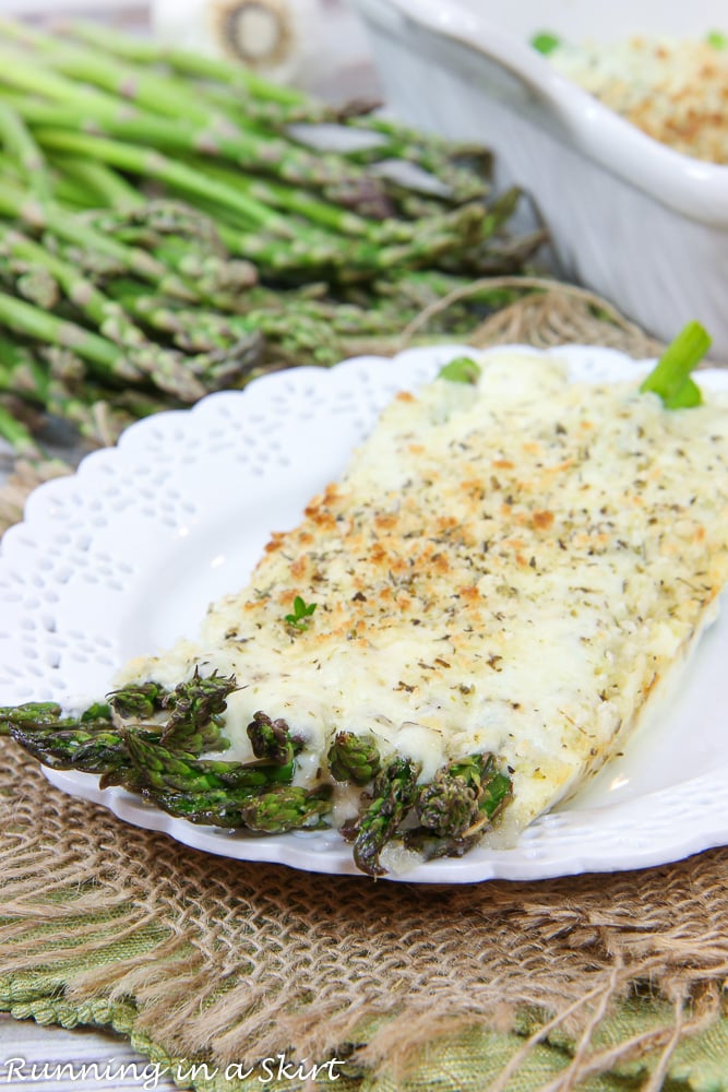 Cheesy Asparagus Casserole on a white plate.