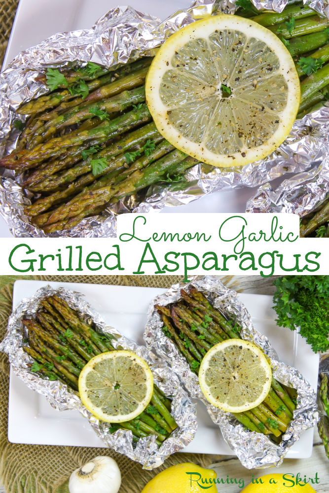 Lemon Garlic Asparagus in Foil Recipe – Grilled or Oven Baked. The perfect easy asparagus recipe that’s healthy, clean eating and simple. Made with just 3 ingredients! You will love these asparagus foil packets. Can also be made on a campfire. The perfect side dish for summer. Keto, Low Carb, Gluten Free, Vegan, Vegetarian, Low Calorie / Running in a Skirt #vegan #cleaneating #keto #lowcarb #healthyrecipes #grilling via @juliewunder