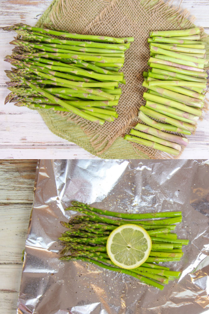 Process photos showing how to trim the asparagus and how to make the foil packets.