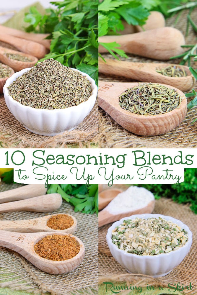 10 Homemade Seasoning Mixes - The best Spice Mix Recipes and seasoning blends to DIY and make at home. Includes how to make ranch seasoning and other popular mixes like Taco Seasoning, Blackening Seasoning, Italian Spice Mix, Herbs de Provence, Cajun Spice Mix, Pumpkin Pie Spice, Everything Bagel Seasoning from Trader Joe's, Salt Free All Purpose Seasoning and more. Uses pantry staples for copycat recipes. Use for meat, chicken, vegetarian, vegan and gluten free recipes. / Running in a Skirt via @juliewunder