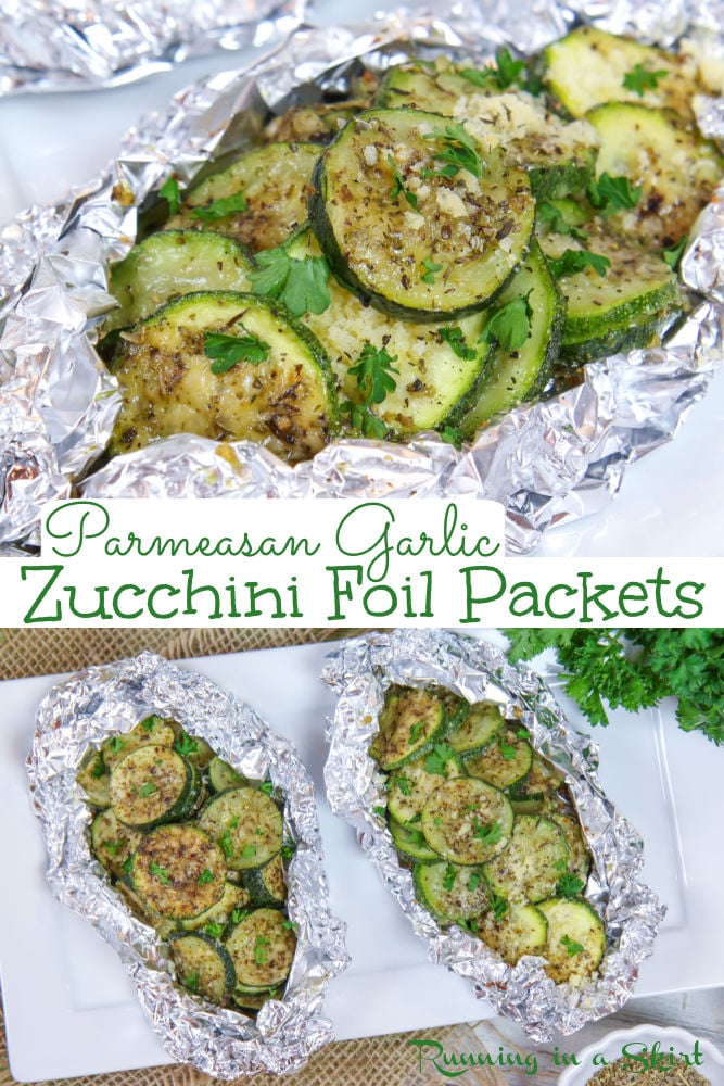 Grilled Zucchini in Foil - The Best Parmesan Garlic Zucchini Foil Packets. Instructions to put on the grill or baked in the oven. Simple grilled zucchini that is easy to make with no clean up, simple, healthy and clean eating. Only 4 ingredients including parmesan cheese. Perfect for summer grilling. Low Carb, Gluten Free, Vegetarian, Low Calorie. / Running in a Skirt #zucchini #grilling #healthygrilling #zucchinirecipe #summerrecipes #healthyrecipes via @juliewunder