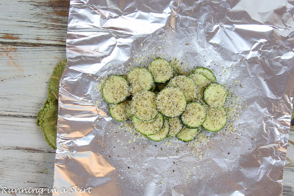 Process photo showing how to prepare the zucchini on the foil.