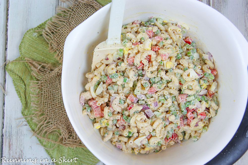 Mixing bowl showing how to make the Healthy Macaroni Salad.