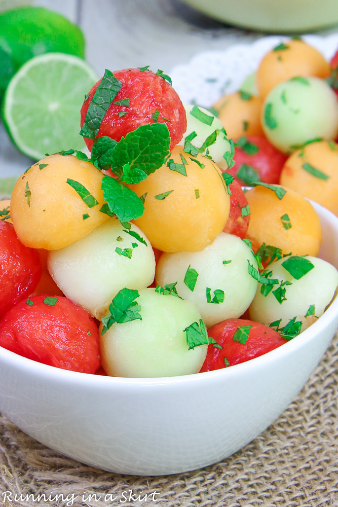 Close up of Melon Salad with mint in a bowl.