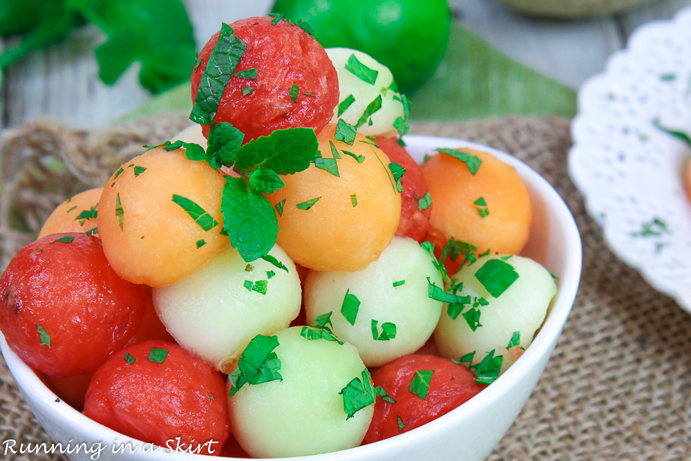 Melon Salad in a white bowl.