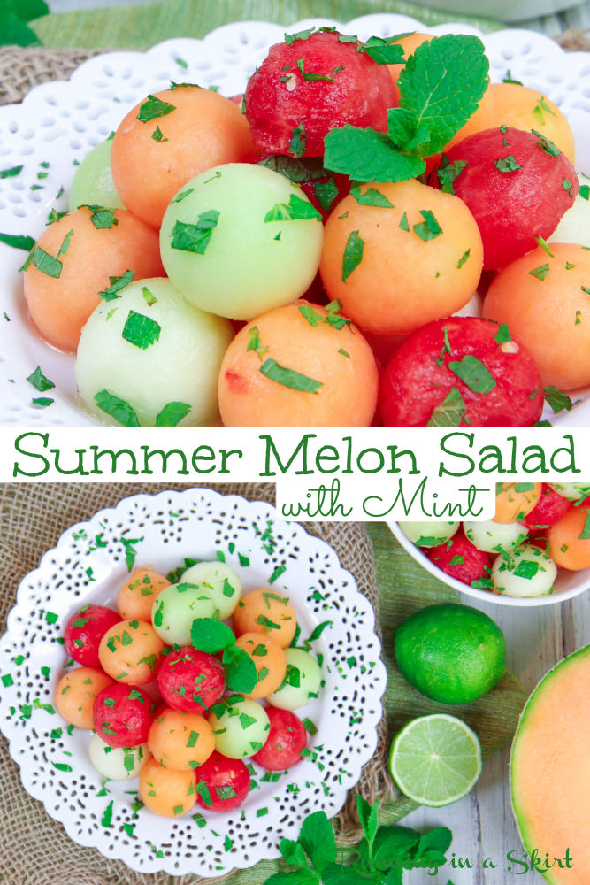 Melon Salad with Mint - Honey Lime Melon Salad recipes for summer. Uses melon balls! The best summer fruit bowls with honeydew, cantaloupe, and watermelon with mojito flavors. Easy to make for a potluck, cookout, or summer dinner. Healthy, Clean Eating, Vegetarian. Includes directions on how to scoop them. Looking for the best watermelon recipes? This is it! / Running in a Skirt #melonballs #melonsalad #watermelon #mint #honeydew #cleaneating #summerrecipes #healthyrecipes via @juliewunder