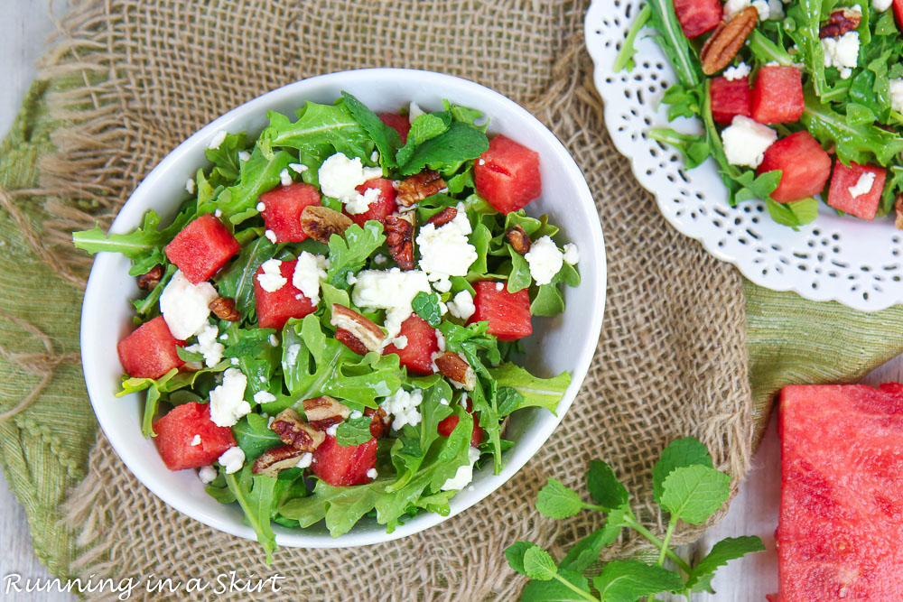 Watermelon Arugula Salad in a bowl.