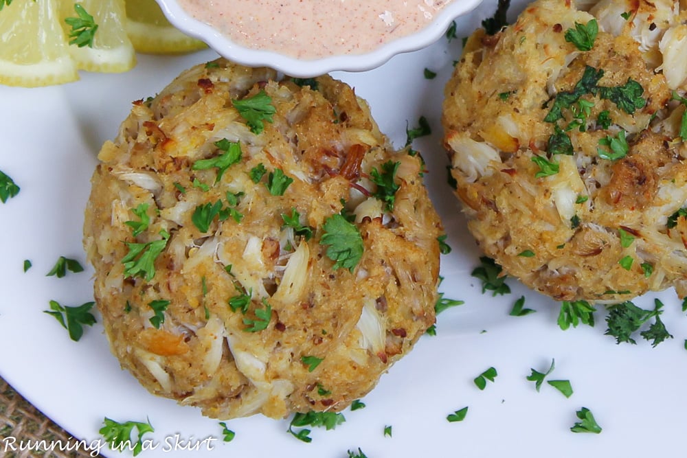 Close up overhead shot of the broiled crab cake.