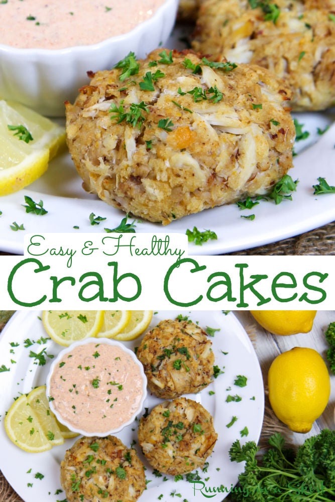 Healthy Crab Cakes Recipes - the BEST easy, homemade, heart healthy and simple seafood dinner. No mayo and broiled - oven baked- not fried. Full of crab meat and little filler. Perfect for a pescatarian dinner. Includes sauce for the crab cakes - a greek yogurt cajun sauce or remoulade. It Includes gluten-free, low carb, directions. Clean Eating, Low Calorie / Running in a Skirt #crabcakes #crab #pescatarian #seafood via @juliewunder
