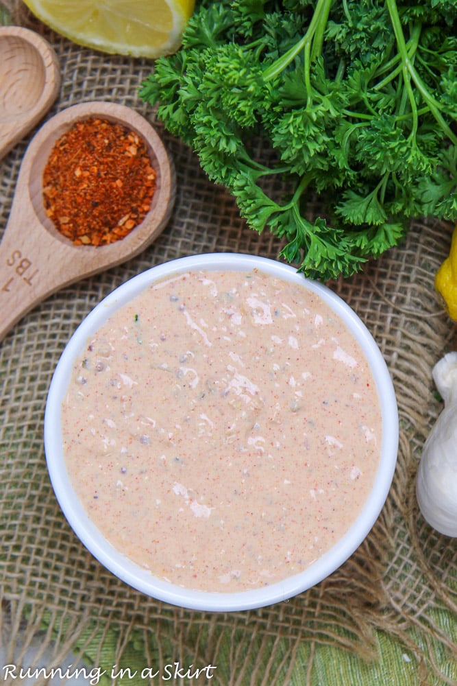 Remoulade Sauce for Crab Cakes in a small white bowl.