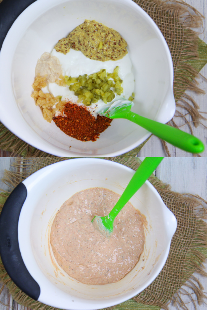 Process photos showing how to mix the sauce before and after.