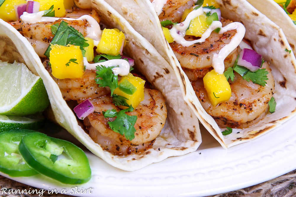 Close up of Blackened Shrimp Tacos with mango salsa.