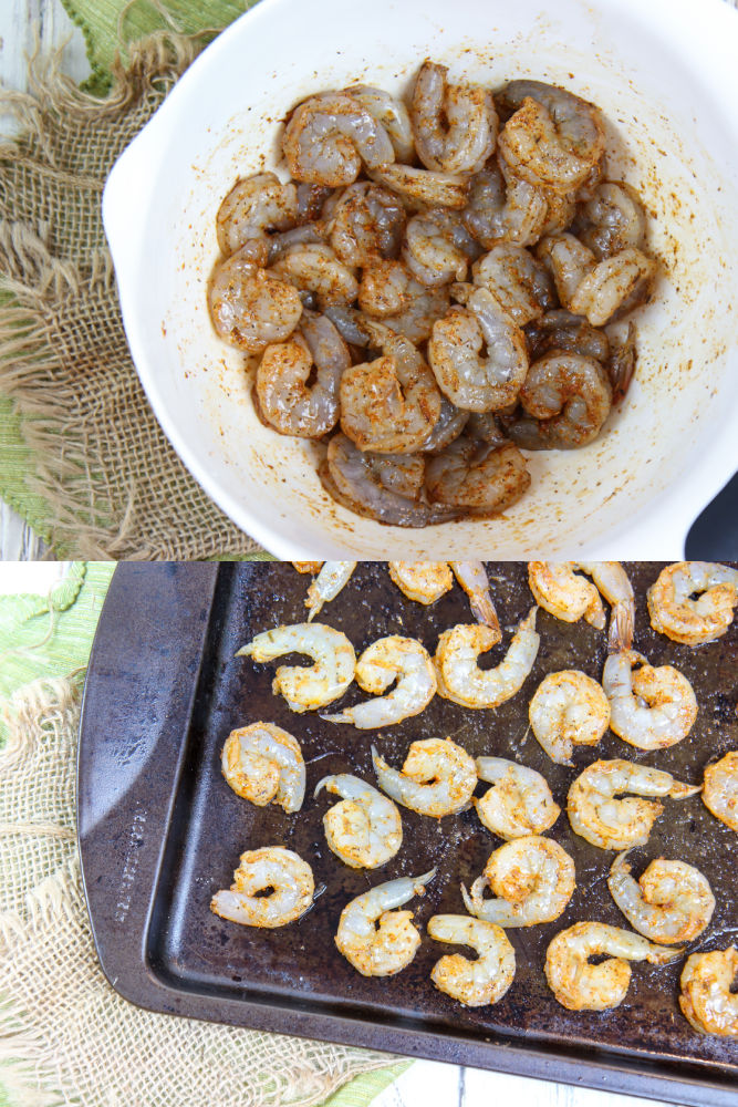 Process photo collage showing how to blackened the shrimp.