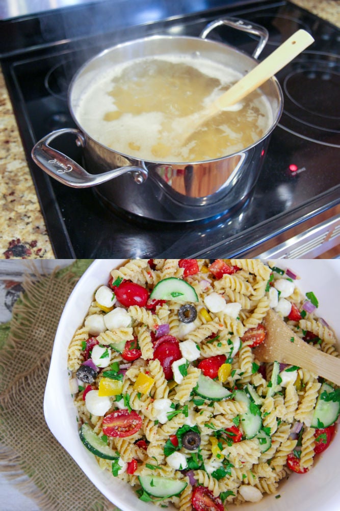 Process photos collage showing how to boil the water and how to mix the pasta.