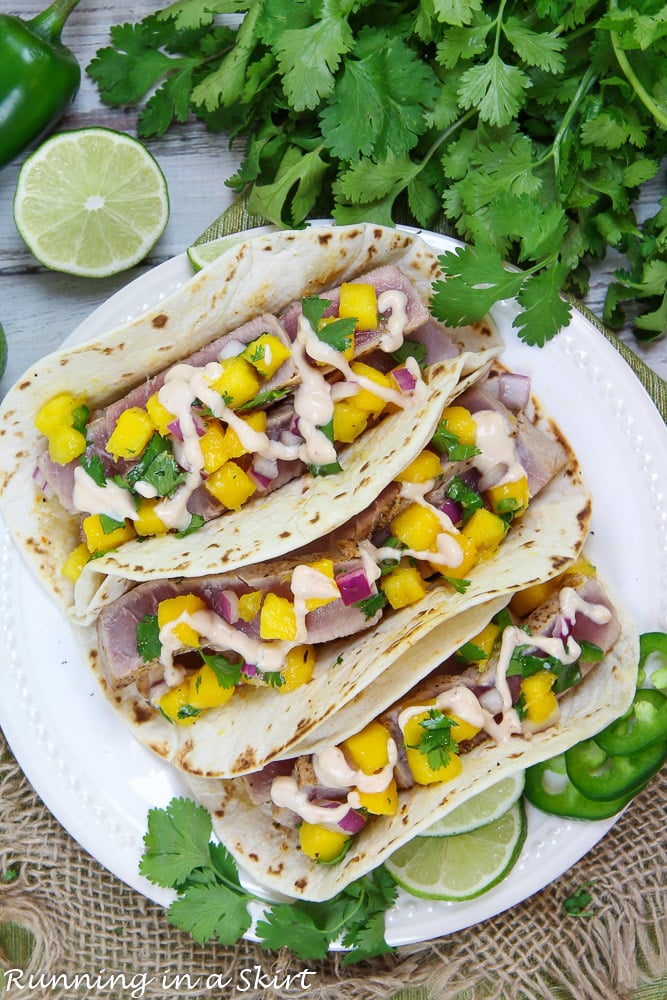 Overhead shot of the Ahi Tuna Tacos on a plate.